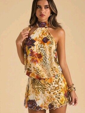 BAE Women's Yellow Elegant Floral Print Backless Mini Suspender Dress